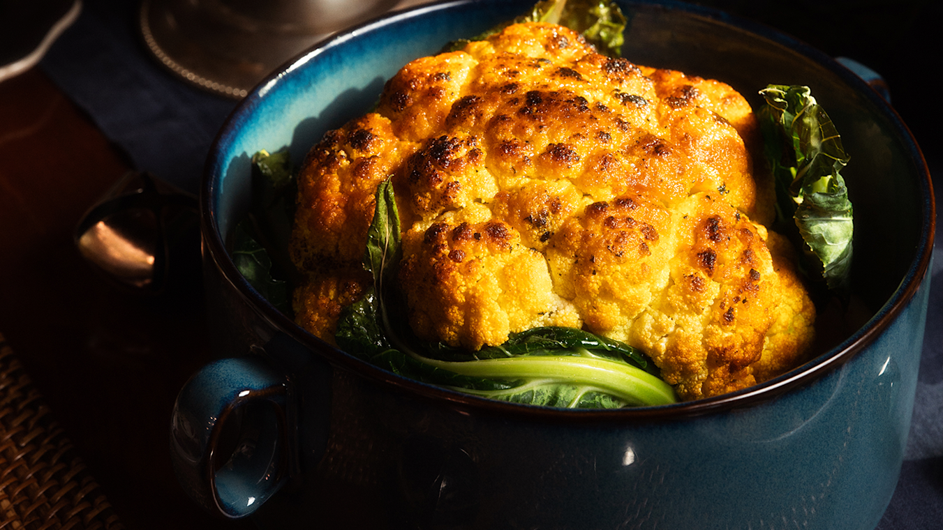 Golden Orange Cauliflower with Zesty Lemon-Pepper Tahini and Toasted Almonds