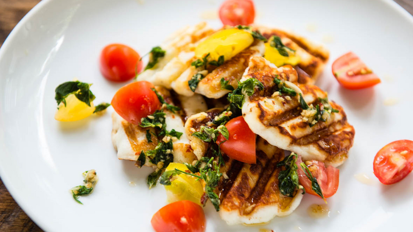 Halloumi & Tomato Salad with Garlic Herb Oil