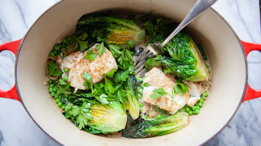 Hake With Braised Lettuces & Sweet Peas