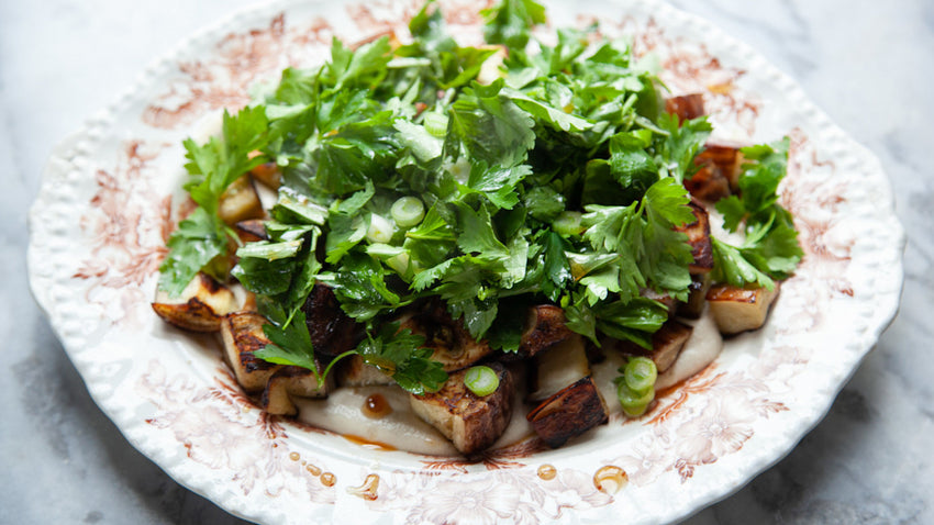 Roasted Eggplant with Cashew Sauce & Herb Salad