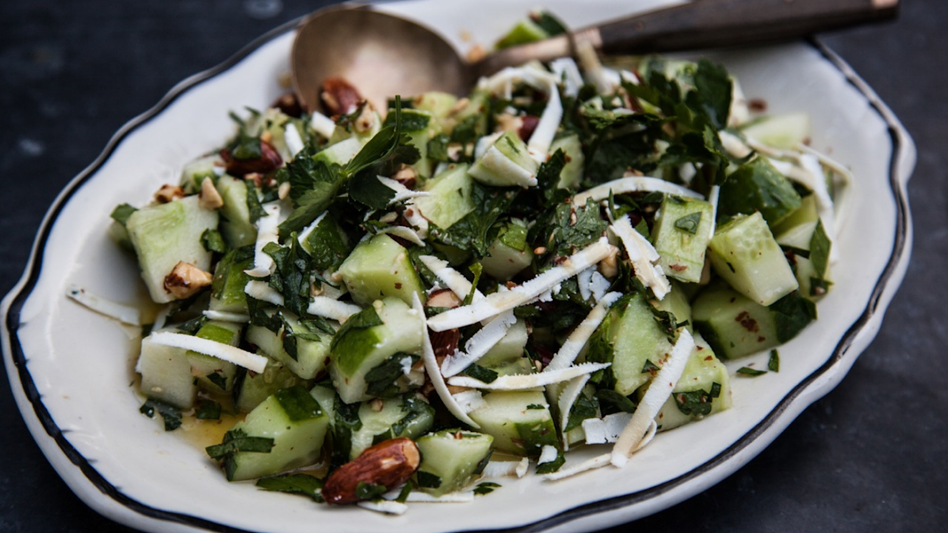 Cucumber Salad with Almond Picada, Feta & Honey