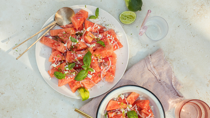 Watermelon, Basil, Red Onion, and Feta Salad