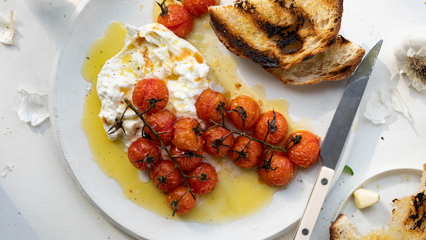 Roasted Cherry Tomato with Burrata and Garlic Toast