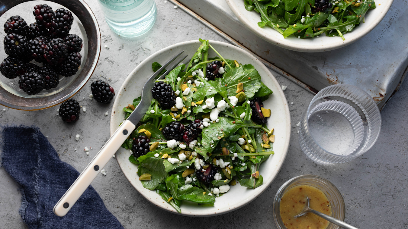 Arugula Salad with Blackberries, Goat Cheese, and Pistachios with Honey Mustard Dressing