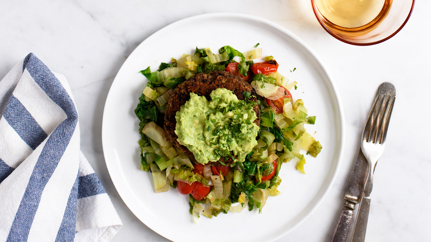 Vegan Black Bean Burgers with Guacamole and Charred Romaine Salad