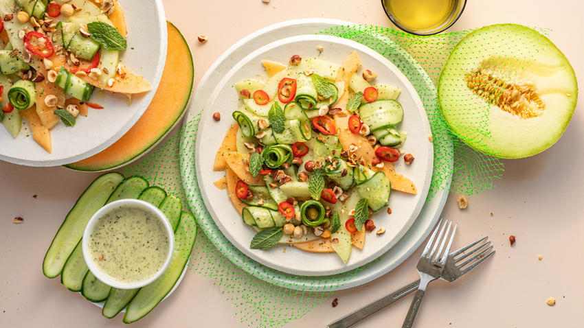 Cucumber Melon Salad with Lemon Mint Dressing