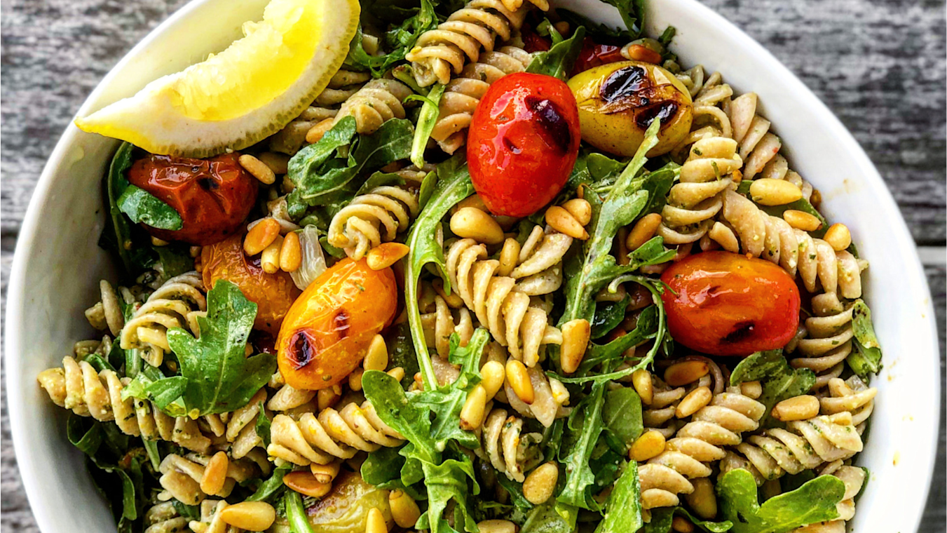 Plant-Based Pesto Pasta Salad with Grilled Grape Tomatoes