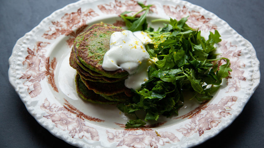 Swiss Chard Flapjacks With Lemon Yogurt Herb Salad