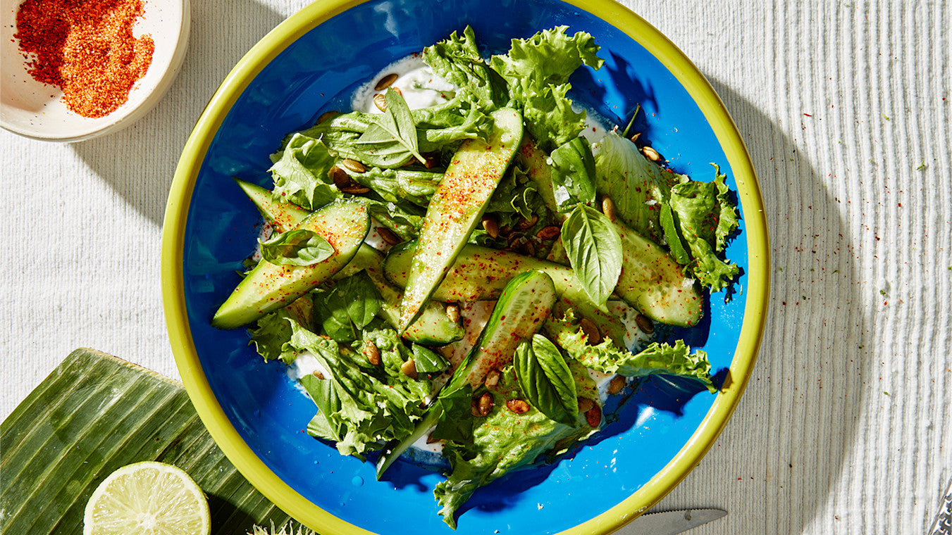 Tajin Cucumbers & Summer Lettuce with Coconut Yogurt